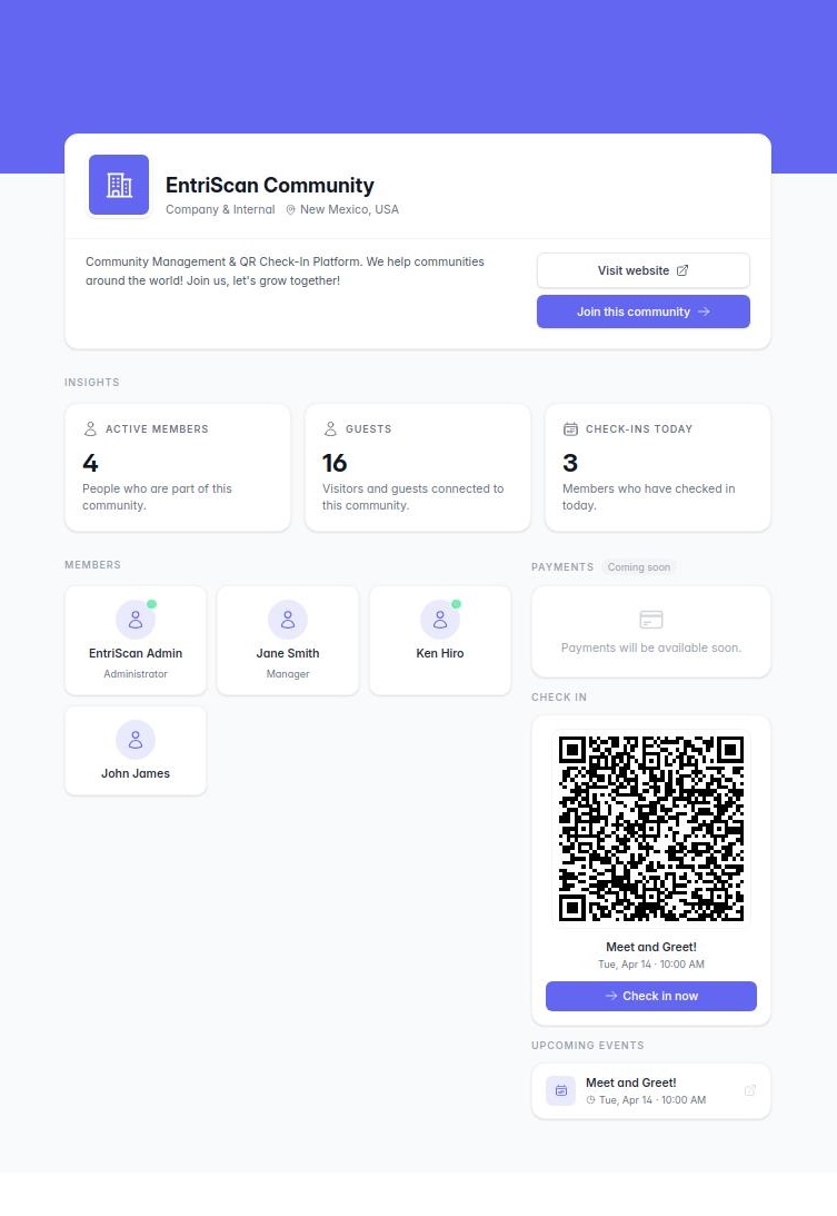 Preview of an EntriScan community page showing members, events, and QR check-in